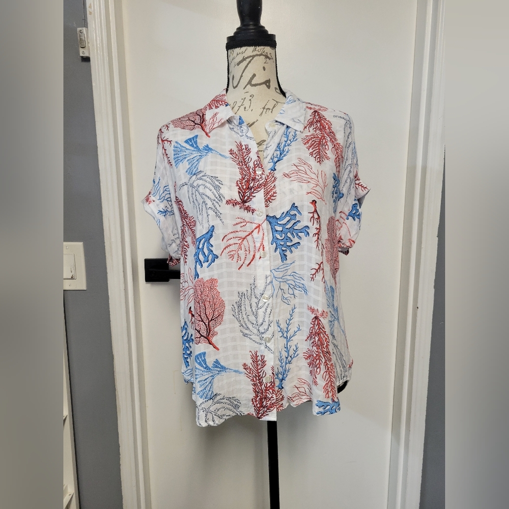 Anthropologie Jane + Delancey Women Short-Sleeve Coral Print Shirt Coastal Large